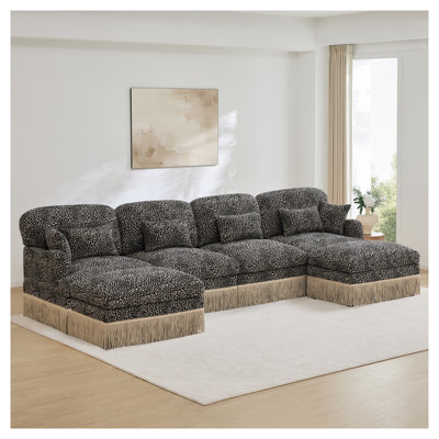 131" U-Shaped Modular Sectional Sofa with Leopard Print Chenille Fabric, Deep Seat Design & Tassel Trim