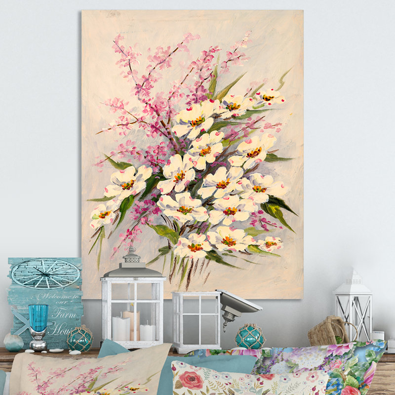 Romantiques fleurs blanches Bouquet - peinture sur toile encadrée, H 20 po x l 12 po x P 1 po, Toile tendue