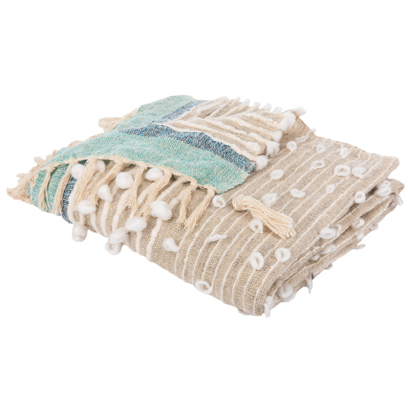 Beige and Blue Reversible Wool Throw Blanket