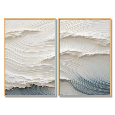 White Wave Papercut Style - Coastal Waves Framed Prints, White Coastal Canvas Wall Art Set Of 2