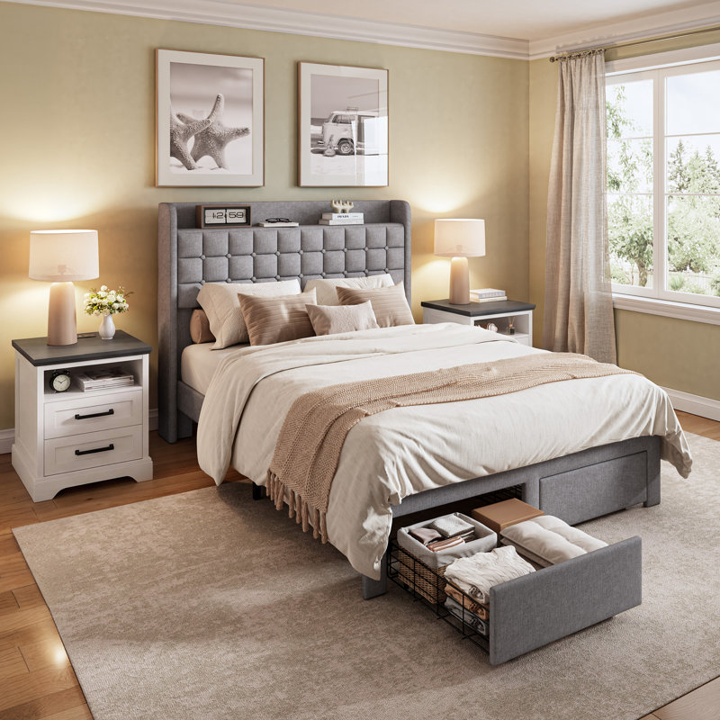 Ensemble de chambre à coucher 3 pièces avec rangement à 2 tiroirs avec charge Avelyn, Full, Gray/Beige