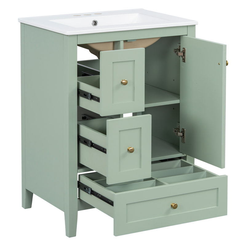 Meuble-lavabo 24 po avec lavabo en céramique, 3 tiroirs et tablette réglable, Vert clair