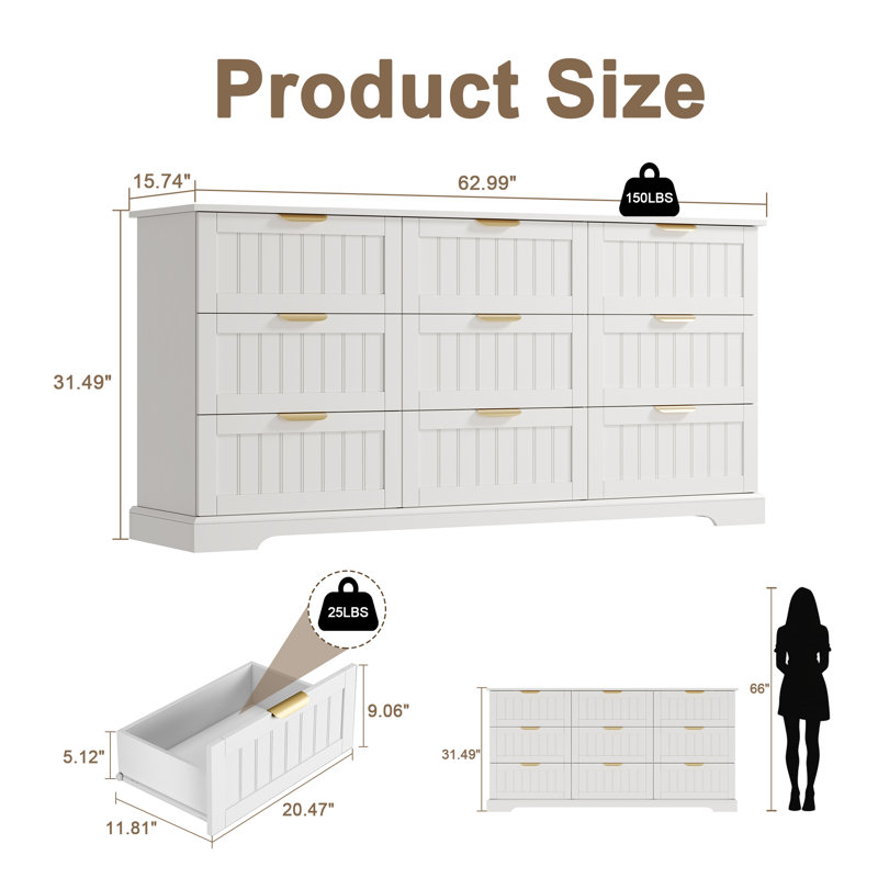 9-Drawer Dresser, 63"W Modern Chest of Drawers with Metal Handle, White