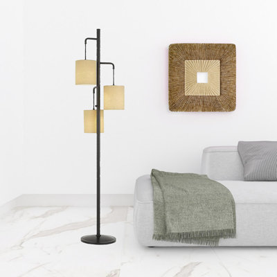 Lampe sur pied de forme traditionnelle en bronze à trois lumières 72 "avec abat-jour tambour
