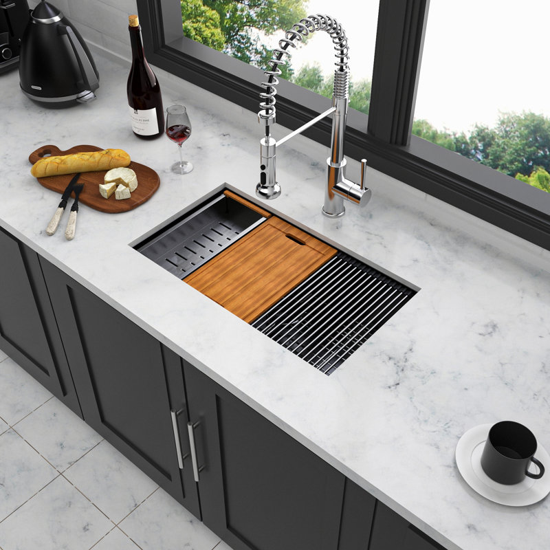Évier de cuisine noir Gunmetal - station de travail à simple cuve encastrable 28 po x 18 po x 10 po