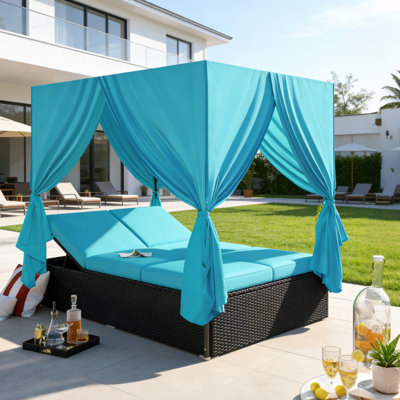 PE Rattan Outdoor Daybed With 4 Color Options Privacy Curtains & Water-Resistant Cushions For Patio & Poolside