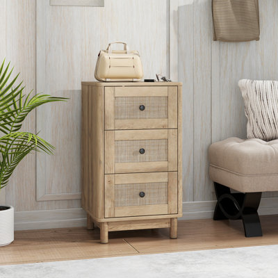 HOMCOM Bohemian Rattan Chest of Drawers 3 Drawer Dresser Living Room Oak
