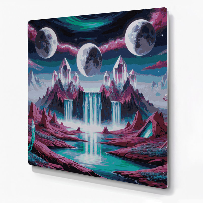 Space Alien planète paysages, art mural en métal mauve, H 96 po x l 96 po x P 0,05 po