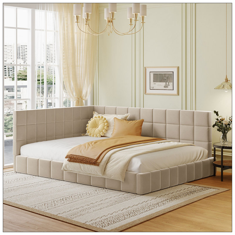 Full Size Upholstered Daybed/Sofa Bed Frame-Beige, Velvet