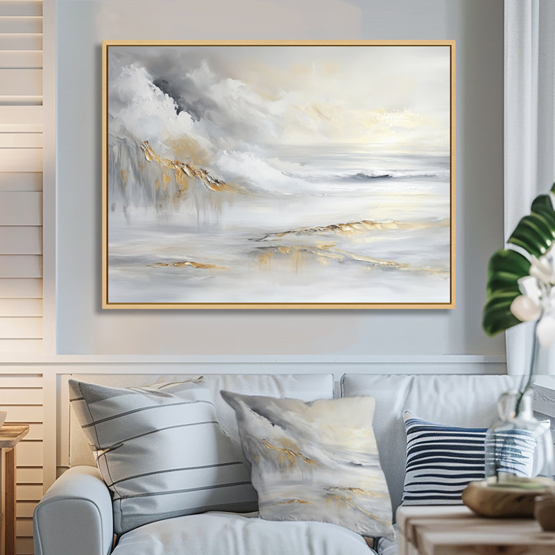 Pure Golden Winter Beach Landscape I - plage côtière, art mural, H 12 po x l 20 po, Cadre flottant, Crème, crème