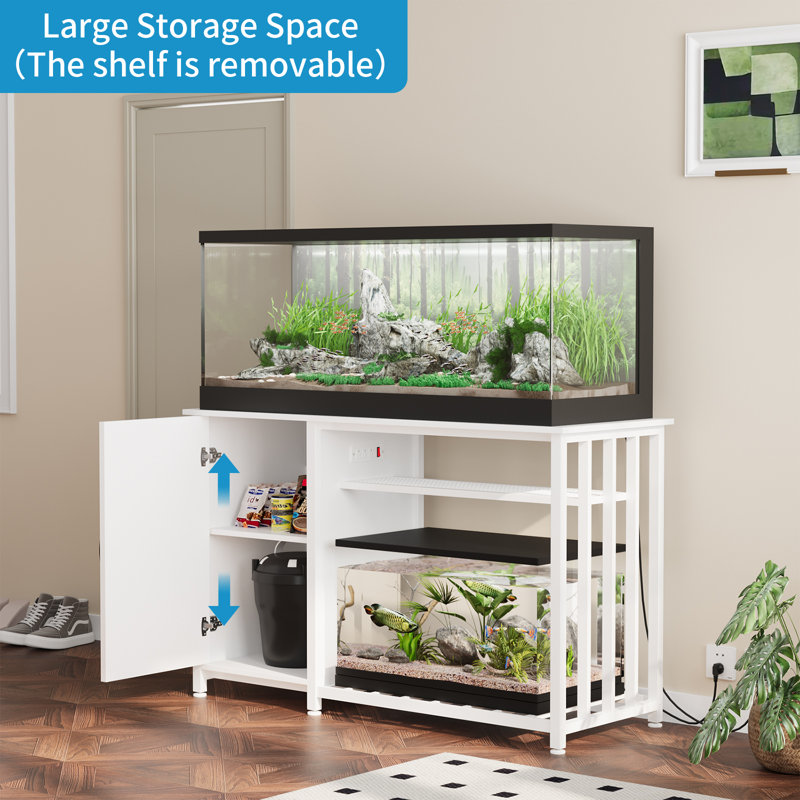 White Heavy Duty Metal Aquarium Stand with Cabinet and Power Outlets