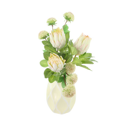Dahlia and Protea Arrangement in Decorative Ceramic Vase