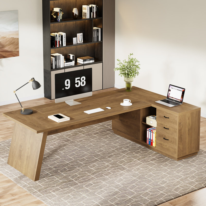 L-Shaped Executive Desk,Lagrge Desk With Drawers, Brown/Brown