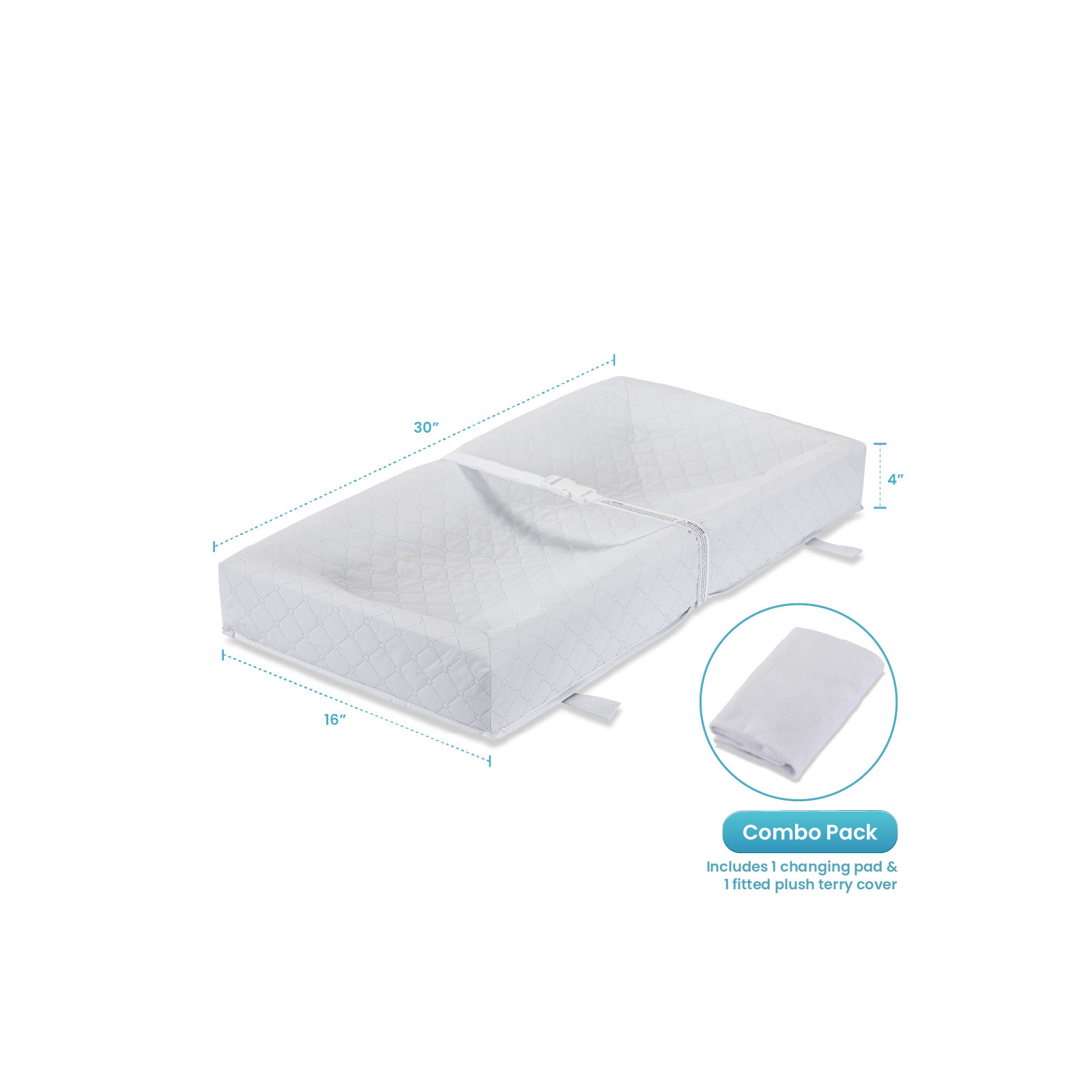 Johnathan Combo Pack Waterproof Changing Pad with Fitted Plush Cover, 4" H x 30" W x 16" D, White