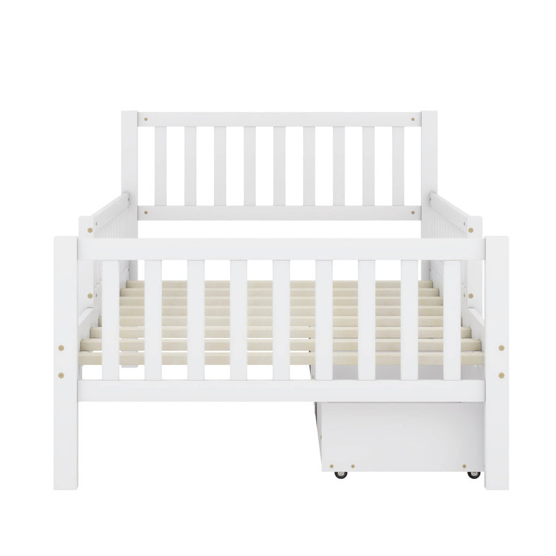 Wood Platform Bed with Guardrails on Both Sides and Two Storage Drawers, Twin, White