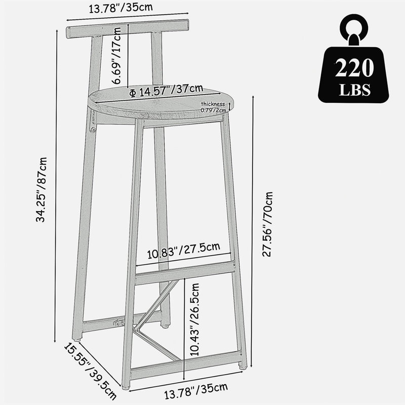 Ensemble de tabourets de bar de 27 pouces de hauteur, 3 tabourets de bar ronds en bois avec repose-pieds, chaise de cuisine moderne, utilisation sur le comptoir (noir et noir)