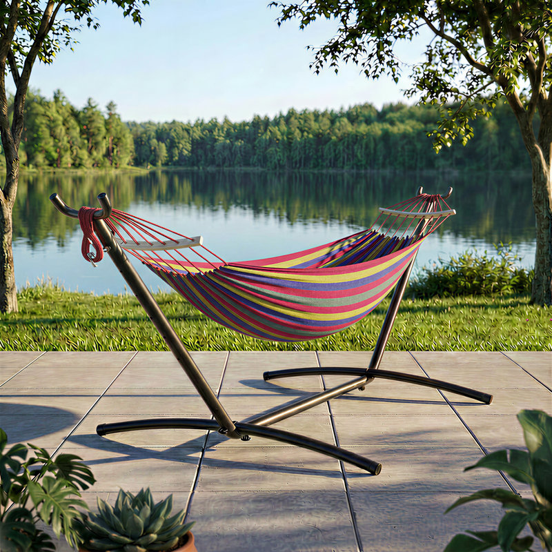 Hamac portable pour 2 personnes avec support en acier robuste, capacité de 450 lb, installation autoportante sans outils, résistant aux intempéries pour le patio, la cour et l'intérieur - Large rouge 
