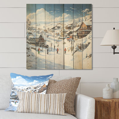 «Skiing Winter Village Horizon» - fruits sur impression sur bois