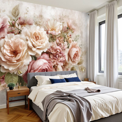 Papier peint auto-adhésif à motif de pivoines à feuillage floral H 100 po x l 144 po