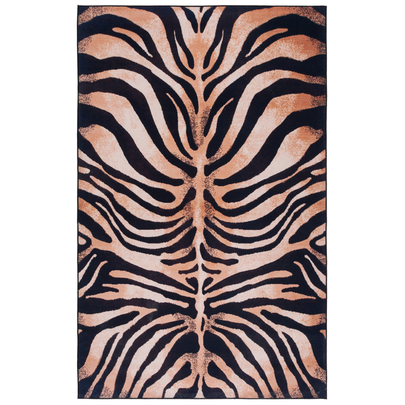 Black and Light Orange Faux Fur 6' x 9' Washable Rug