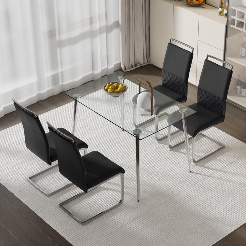Dining Chairs With Backrest In Pu Artificial Leather And Linen, 4, Black