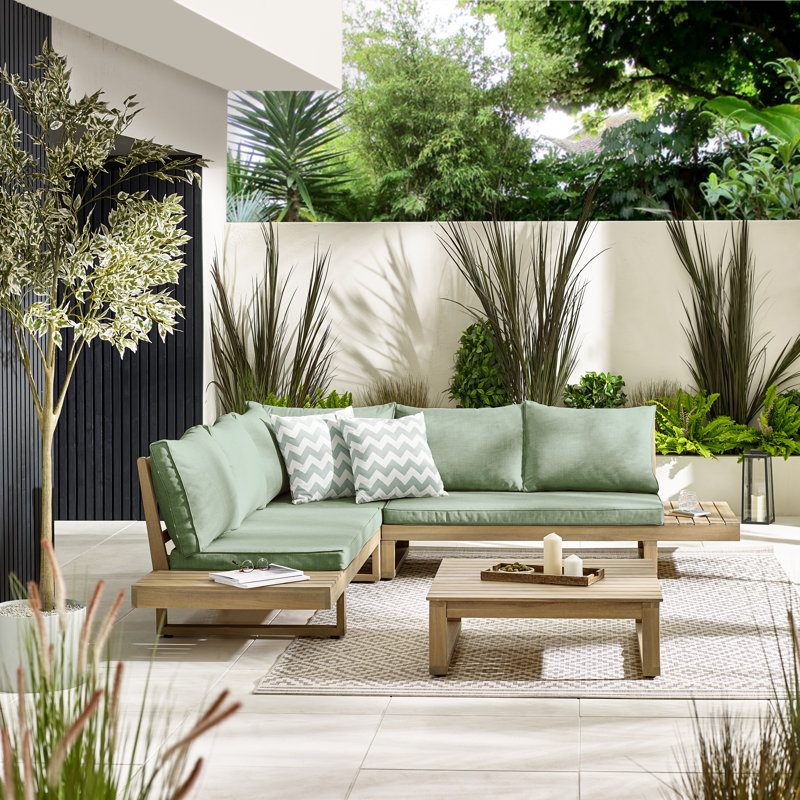 Temmy Solid Wood 6 Seater Garden Sofa Set & Coffee Table - Outdoor Patio Lounge for Modern Garden, Beige/Green