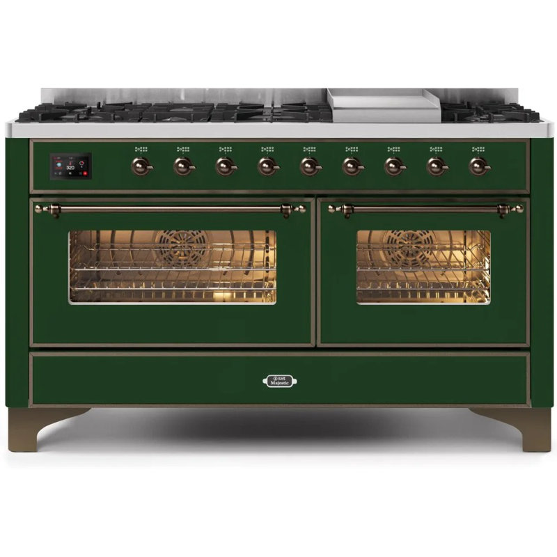 ILVE UM15FDNS3BGG Majestic II 60 inch Dual Fuel Range with 9 Burners, Griddle (Natural Gas, Triple Glass Door, Blue Grey, Brass)