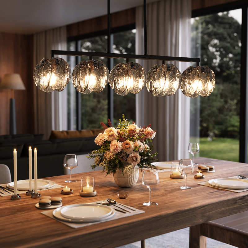 5-light Linear Chandelier With Hand-blown Smoke Gray Glass Shades, Adjustable Kitchen Island Light, Dimmable