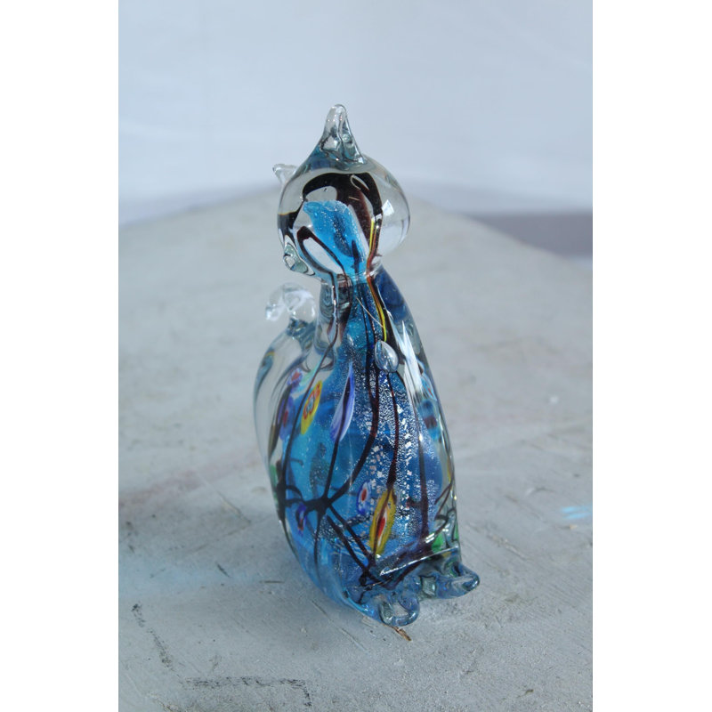 Figurine de chat en verre soufflé à la main Nifao bleu 5 "x 3" x H 7 "