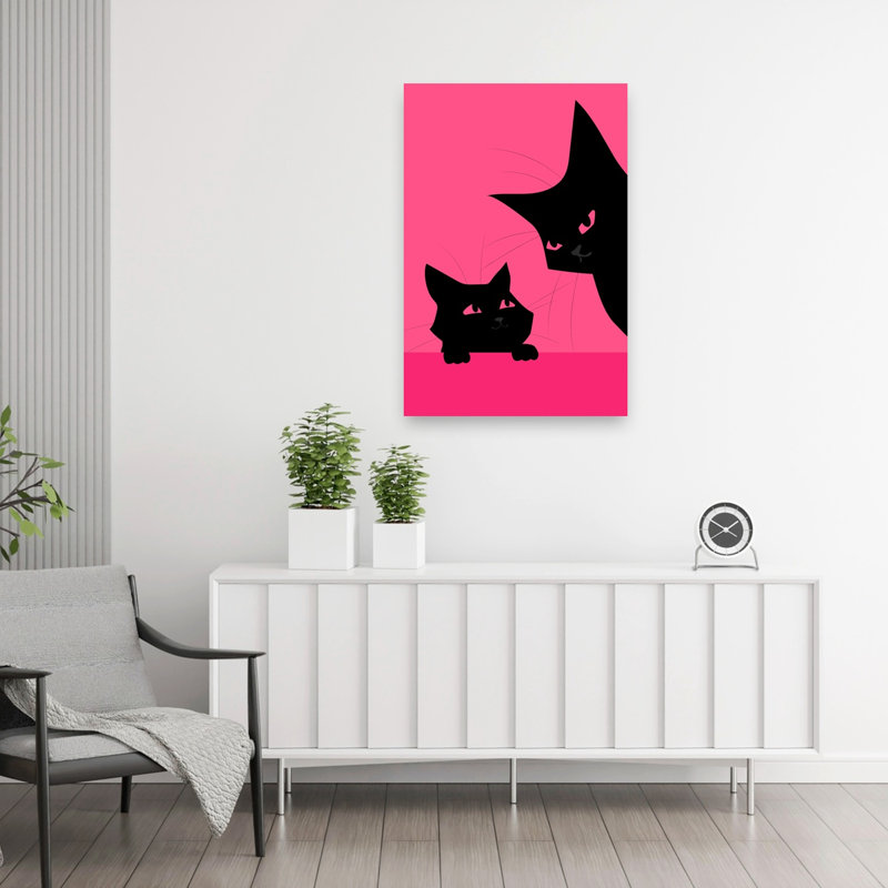 Black Cats Pink Background Contemporary Cat Wall Art Print by WallChart Art Studio - Wrapped Canvas Print