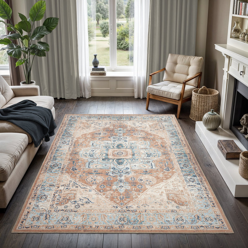 GLN Rugs Vintage Collection - Machine Washable Area Rug, Vintage Washable Rug, Non Slip Area Rug, Low Pile Living Room Rug, Bedroom Rug, Bathroom Rug - Easy Clean (Beige and Blue Rug)