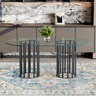 Table de salle à manger de 71 pouces en verre trempé ovale, double colonne de style luxueux, verre trempé résistant aux égratignures et facile à nettoyer. Convient pour une salle à manger de 6 à 8 personnes, table de restaurant moderne de luxe légère.