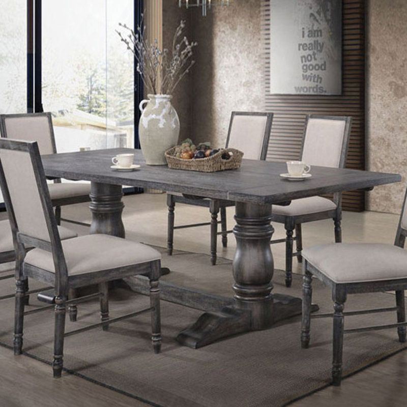 Table rectangulaire à tréteaux avec piédestal double tourné, gris vieilli