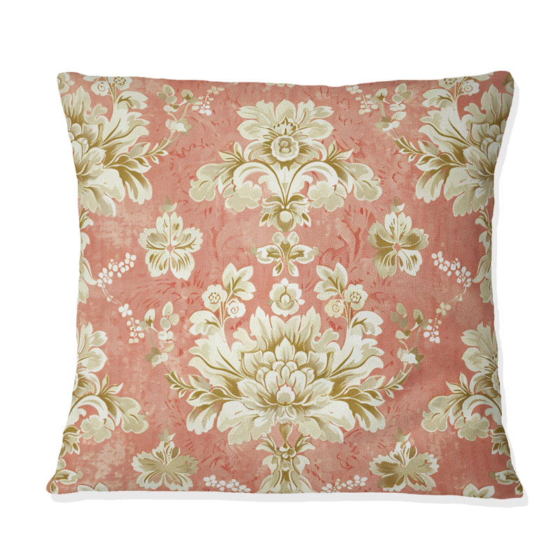 Fleurs roses et dorées I - Coussin Country, H 16 po x l 16 po, Carrée