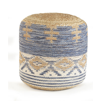 Lanore Modern Coastal Geometric Jute/Cotton Upholstered Ottoman Pouf
