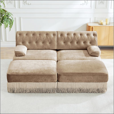 Chesterfield Style Sofa , Breathable Velvet, Tassel Skirt, Slightly Curved Square Armrests, Premium Wooden Base, Easy Assembly