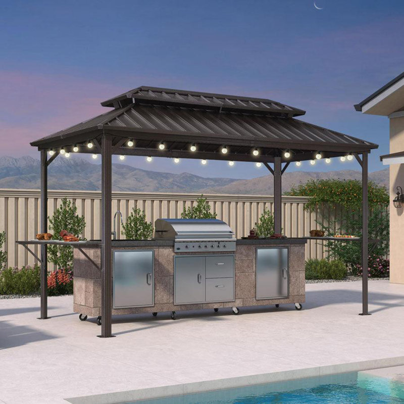 Pavillon de jardin mauve à toit rigide mauve pour terrasse avec 24 ampoules transparentes et tablettes, 6pi x 12 pi