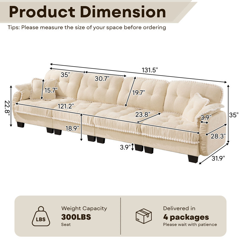 Canapé modulaire en chenille avec 4 coussins, Beige Chenille, 35" H x 132" W x 32" D