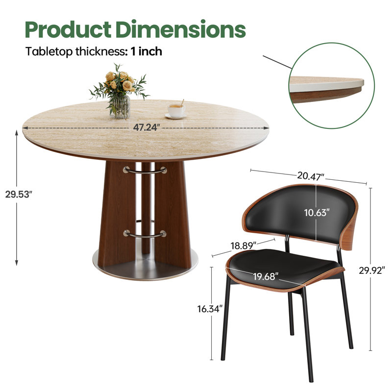 47" Round Travertine Beige Sintered Stone Dining Table Set for 4 with Walnut Base