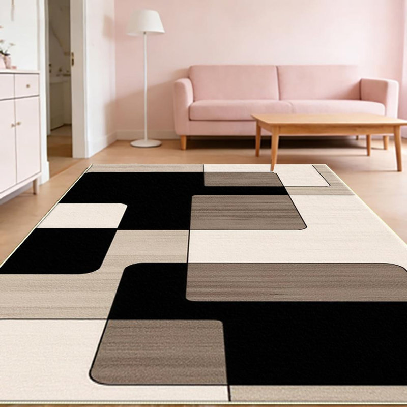 Geometric neutral-tone overlapping square pattern living room rug, soft and comfortable, easy to maintain, machine-washable indoor mat, suitable for dining room, bedroom, home office, entryway, kitchen, terrace home decor.