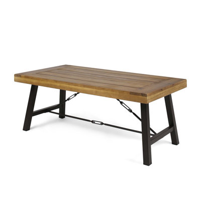 Outdoor Acacia Wood Coffee Table, Teak Finish / Rustic Metal Brown and Black