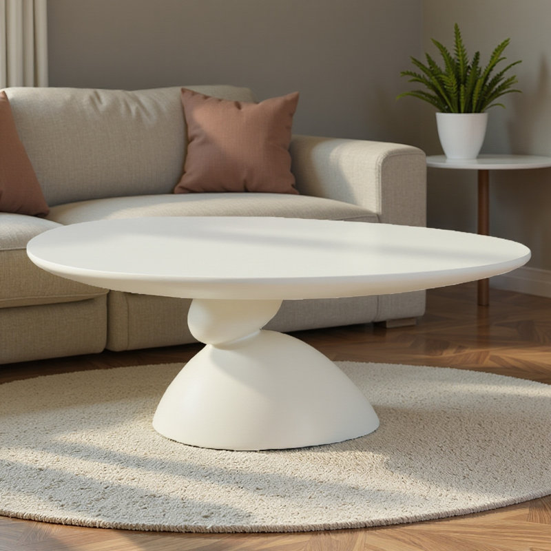 Table basse ovale moderne, base à galets en fibre de verre 47,27 po, Blanc, crème
