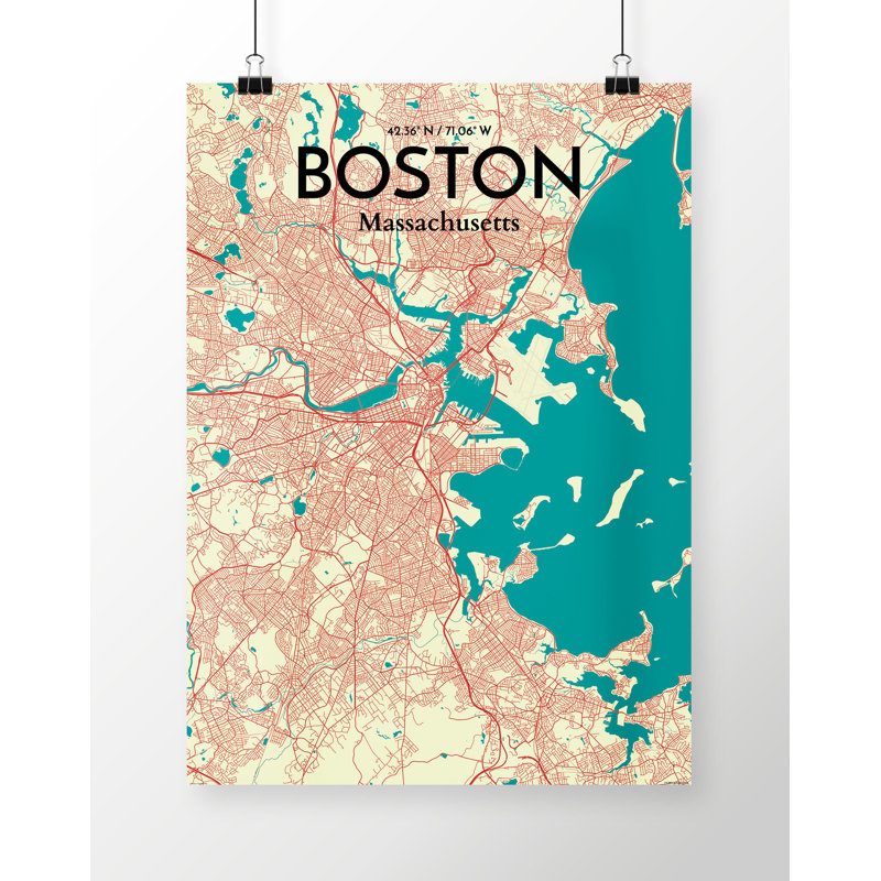 « boston city map », reproduction d’impression sur affiche en couleur, H 17 po x l 11 po