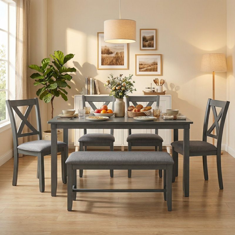 Ensemble de salle à manger 6 pièces de style rétro Bremble avec chaises à dossier en X et banc pour salle à manger, gris