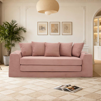 Boneless 82 Inch Corduroy Sofa, Foldable Floor Sofa Bed, Convertible Sleeper Sofa Bed, No Assembly Required, Wide Armrests With Two Cup Holders, 5 Pillows