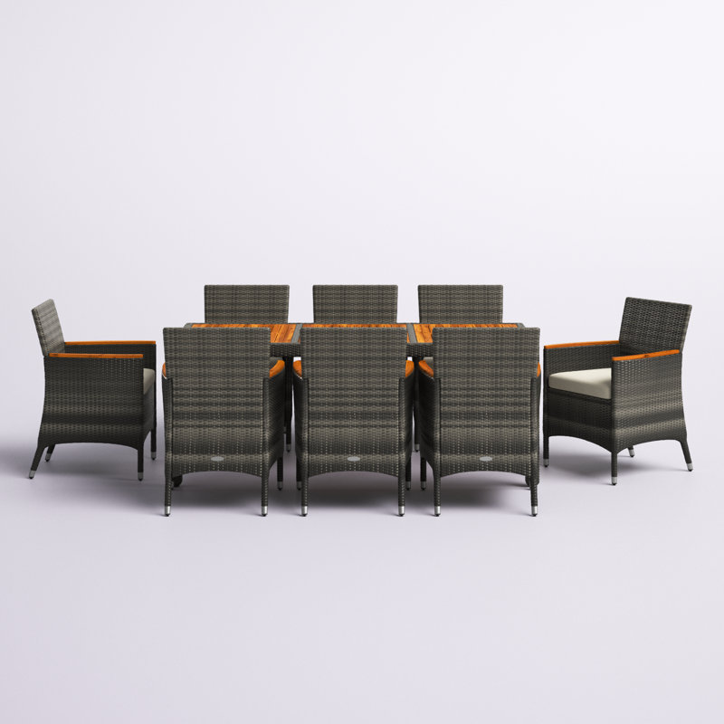 Ensemble de salle à manger de patio en acacia pour 8 personnes avec table rectangulaire Allye, coussins inclus, 8