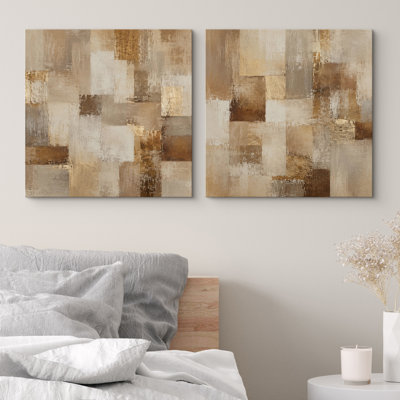 Warm Taupe And Beige Abstract Patchwork Panels With Modern Elegance Framed Canvas Master Bedroom Wall Art Work 2 Pieces Print Set