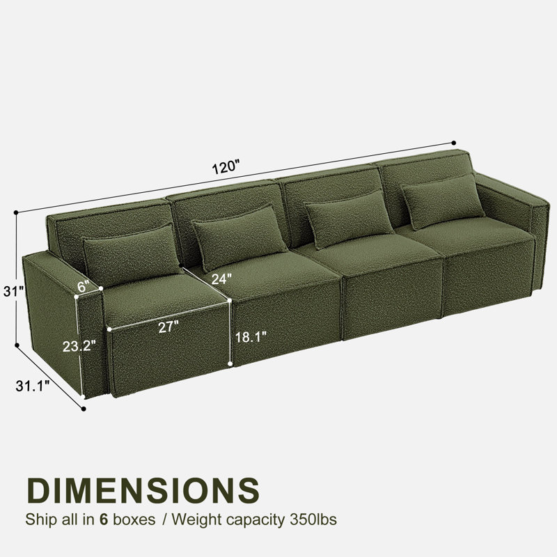 Canapé modulaire à accoudoirs carrés 120 po Taufner, Boucle verte