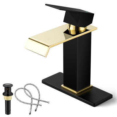 Bathroom Sink Faucet, Black and Gold Color, Waterfall Style, SUS304 Stainless Made, Single-Handle, Deck-Mount Suitable for 1-3-Hole, Drain and Supply Hoses Included