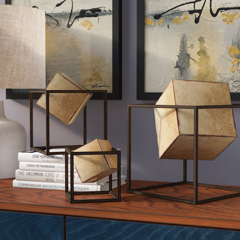 Gold and Black Metal Geometric Cube Decor Set, 3-Piece